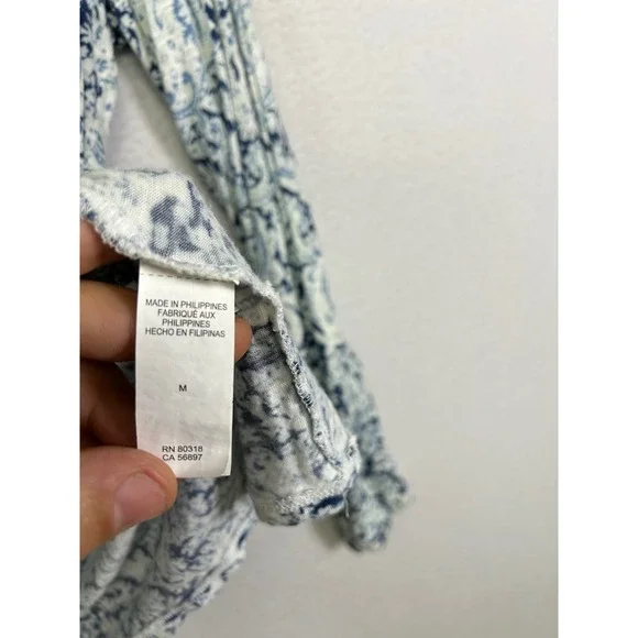 Boho Lucky Brand Womens Medium Blue White Paisley Button Front Long Sleeve Top - Picture 6 of 10